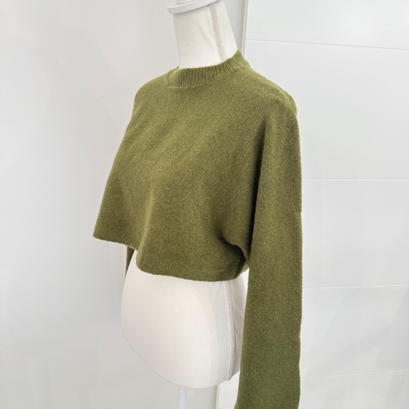 Open Edit Khaki Green Cropped Long Sleeve Sweater XL Jumper Fall Winter - Picture 3 of 7